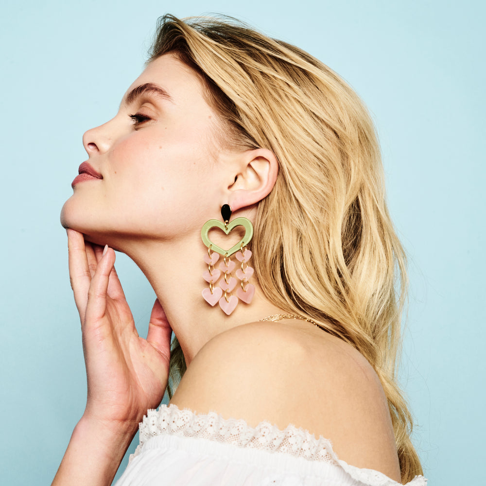 Heart Chandelier Earrings - Jade & Pink