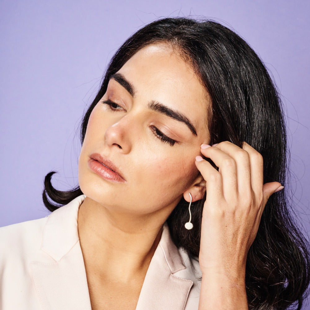 Long Pom Pom Drop Earrings - Sterling Silver