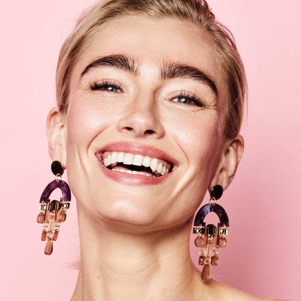 Fan Chandelier Earrings - Amethyst Pearl & Champagne