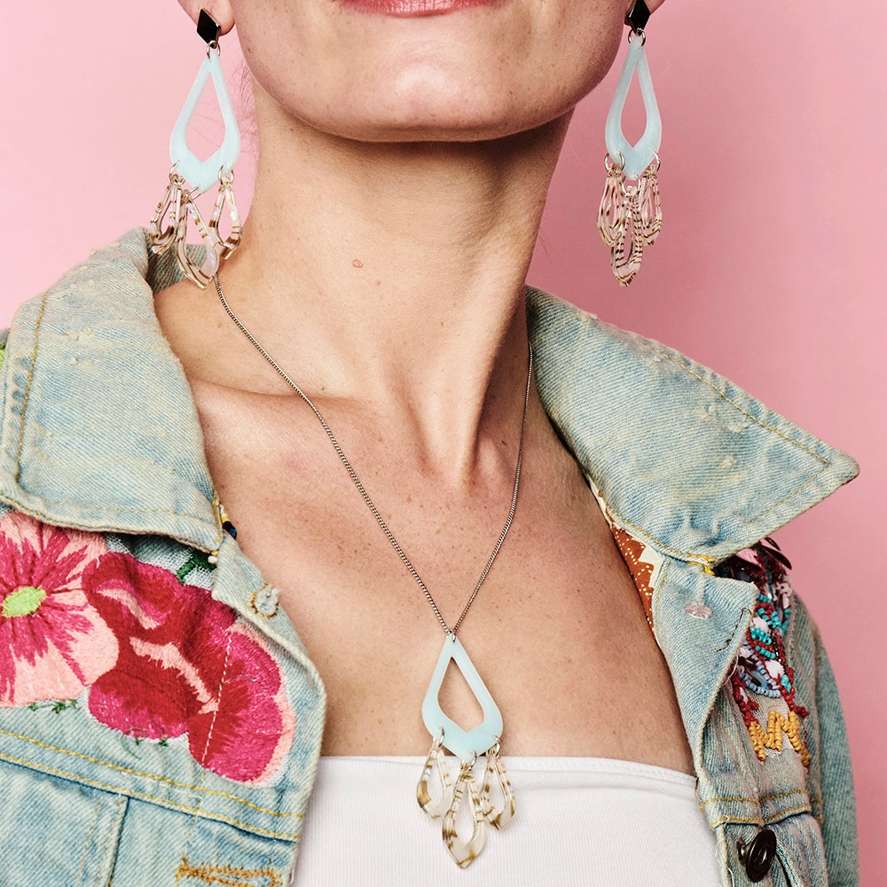 Feather Drop Pendant - Light Blue & Shell