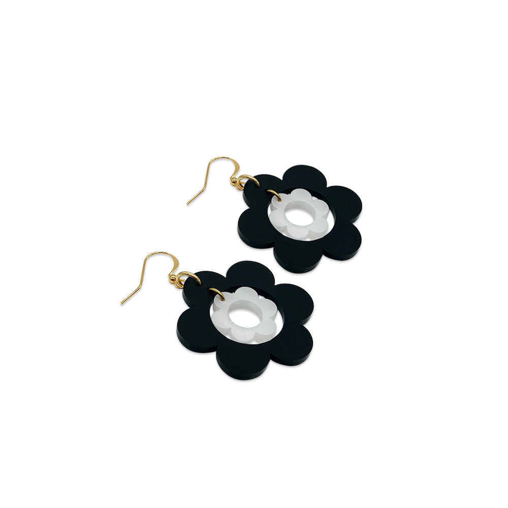60s Flower Earrings - Black & White