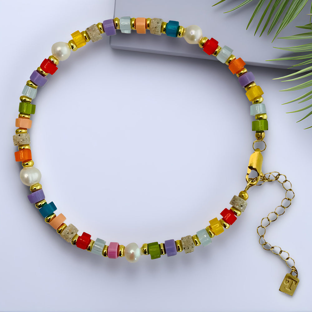 Beaded Anklet - Rainbow & Pearl