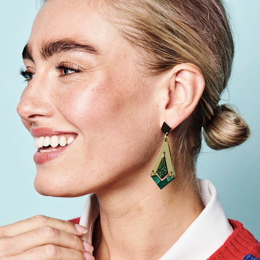 Art Deco Diamond Drop Earrings - Lime Zest Green, Forest Green Glitter & Emerald Pearl