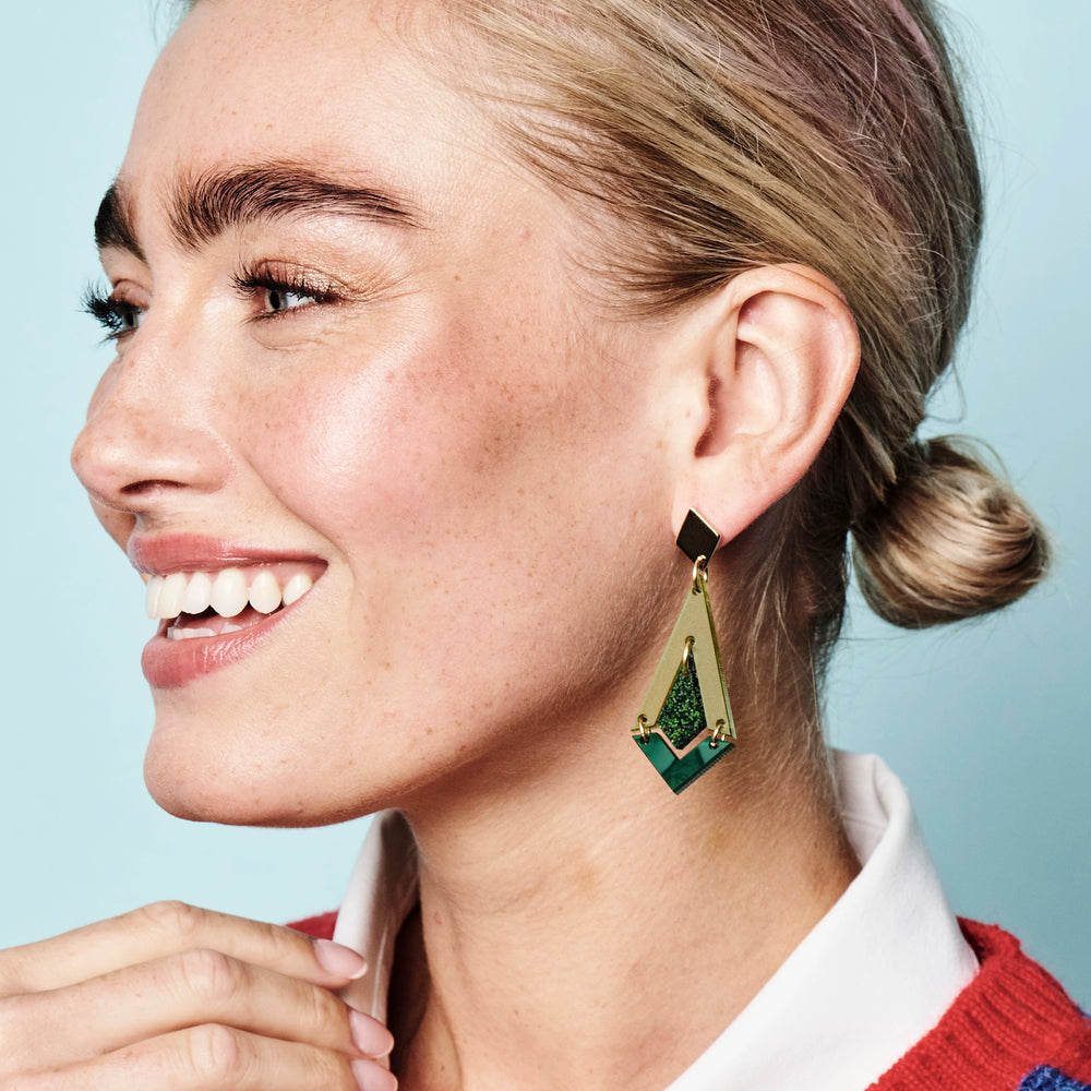 Art Deco Diamond Drop Earrings - Lime Zest Green, Forest Green Glitter & Emerald Pearl