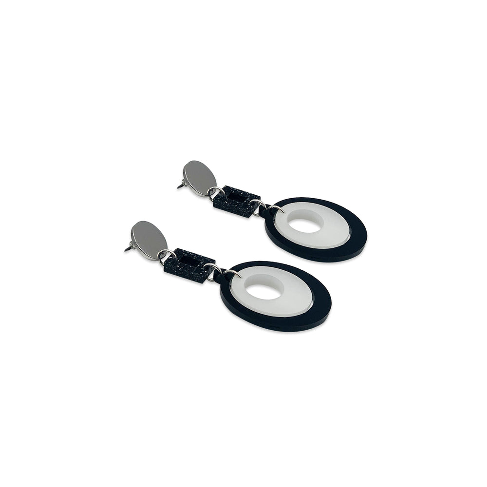Barbarella Earrings - Black Gloss, White Pearl & Black Glitter