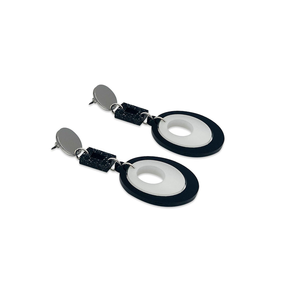 Barbarella Earrings - Black Gloss, White Pearl & Black Glitter