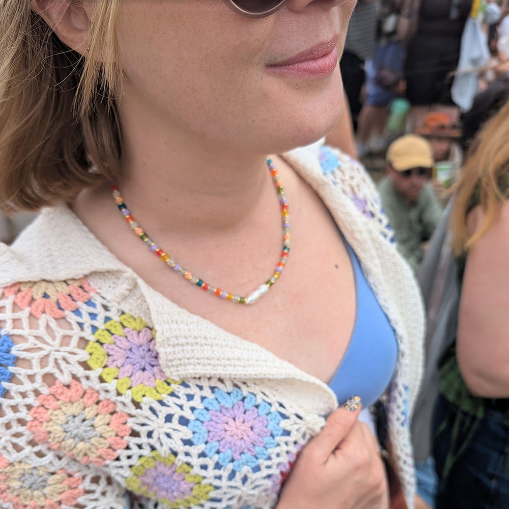 Beaded Necklace - Rainbow & Pearl