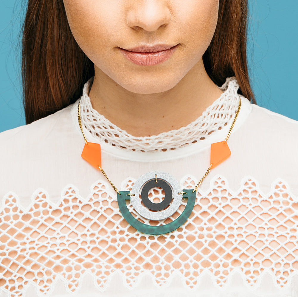 Boatman Necklace - Emerald, Grey Stone, Black & Mandarin