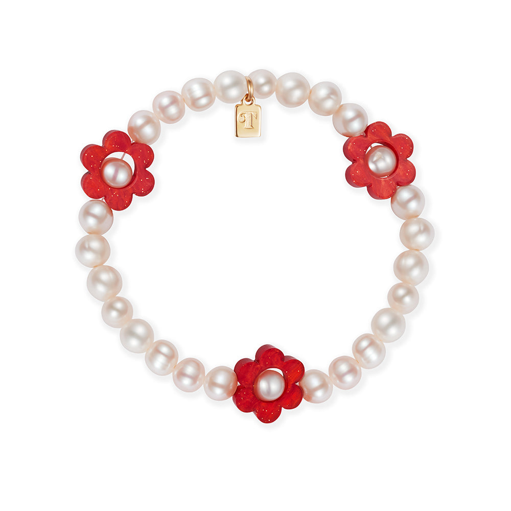 Flower Pearl Bracelet - Sienna Red