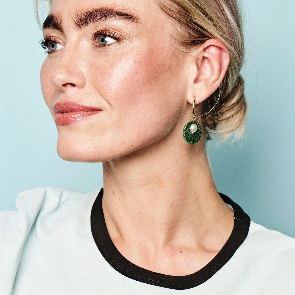 Charming Pearl Circle Earrings - Forest Green Glitter
