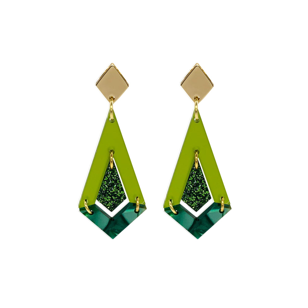 Art Deco Diamond Drop Earrings - Lime Zest Green, Forest Green Glitter & Emerald Pearl