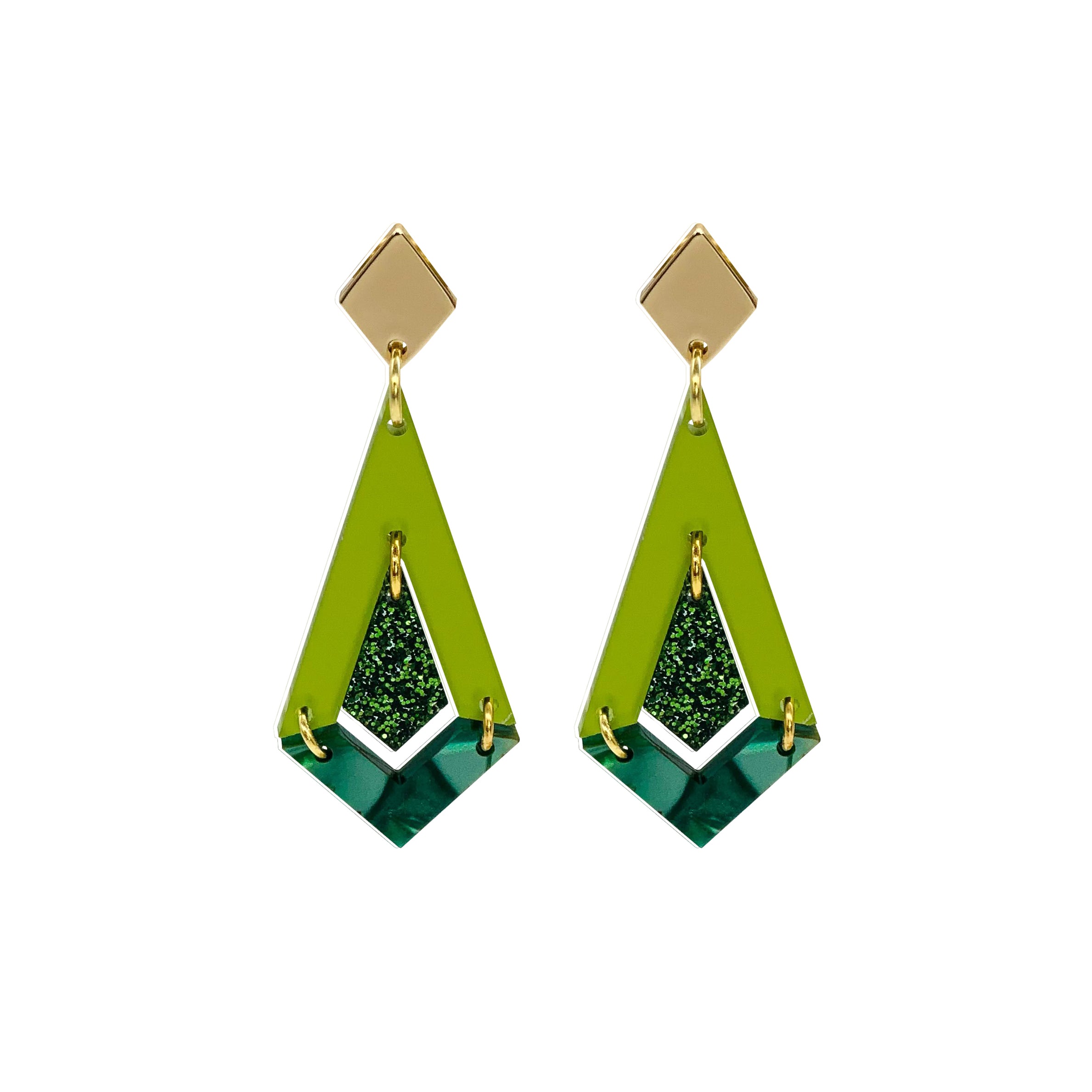 Art Deco Diamond Drop Earrings - Lime Zest Green, Forest Green Glitter & Emerald Pearl
