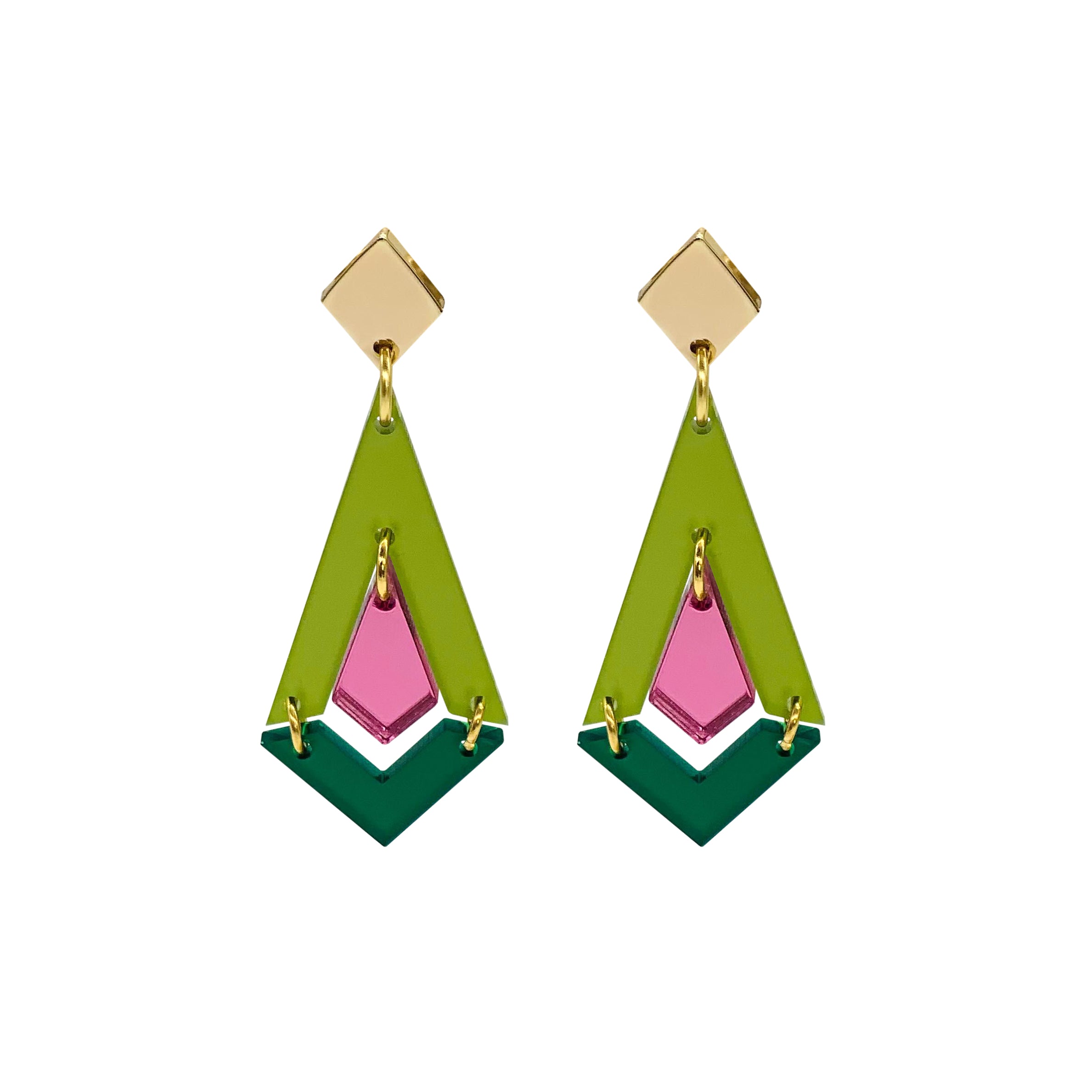 Art Deco Diamond Drop Earrings - Lime Zest Green, Pink Mirror & Emerald