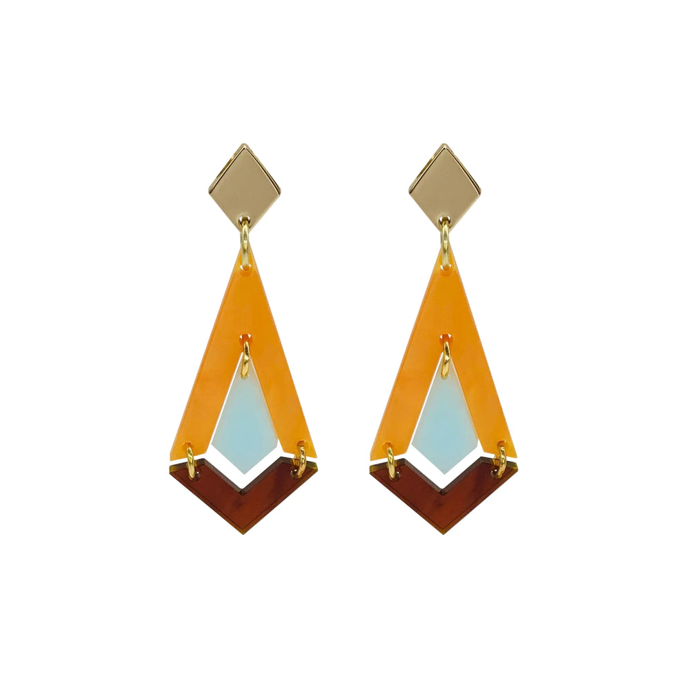 Art Deco Diamond Drop Earrings - Orange Pearl, Light Blue & Tortoiseshell
