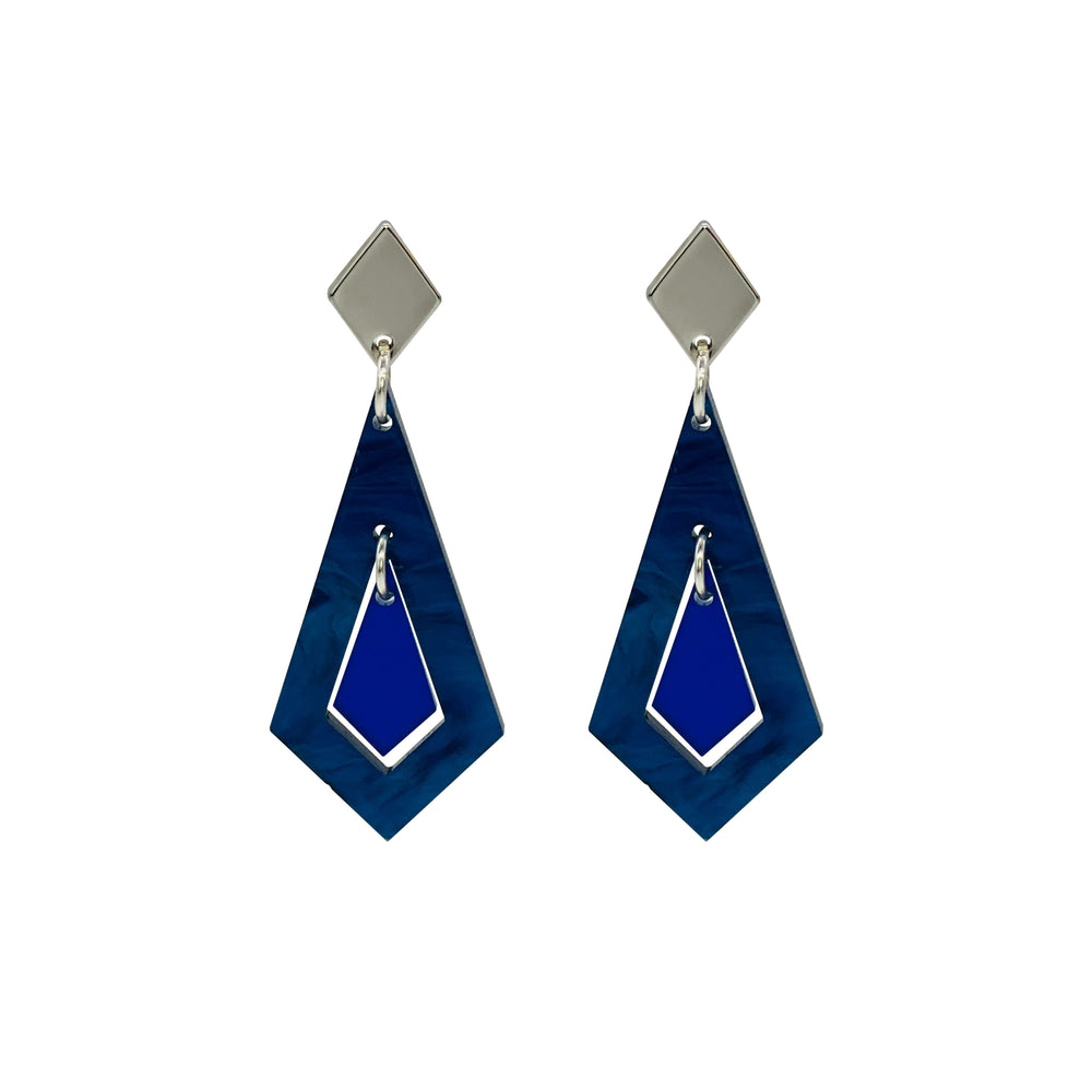 Art Deco Diamond Earrings - Dark Blue Swirl & Sapphire