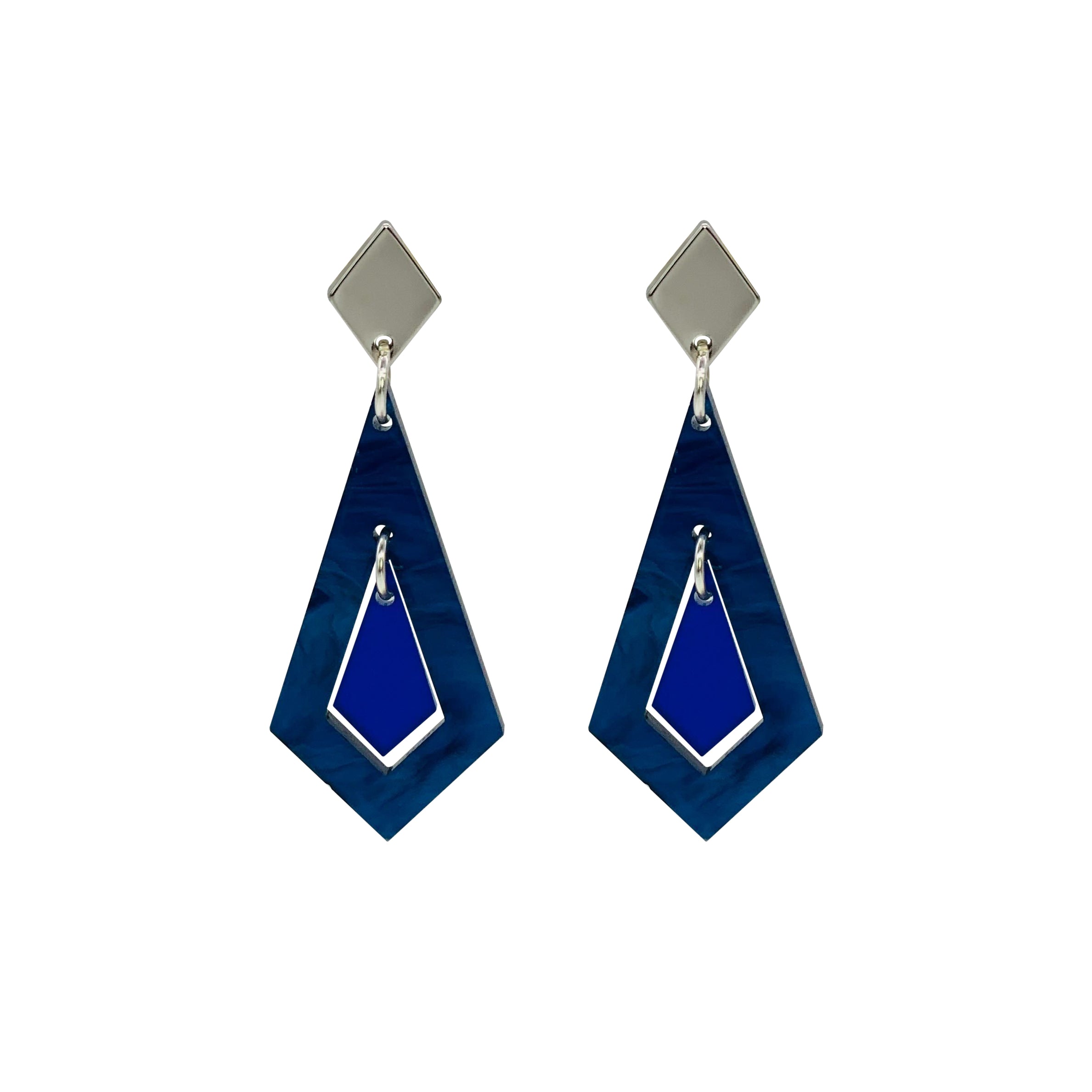Art Deco Diamond Earrings - Dark Blue Swirl & Sapphire