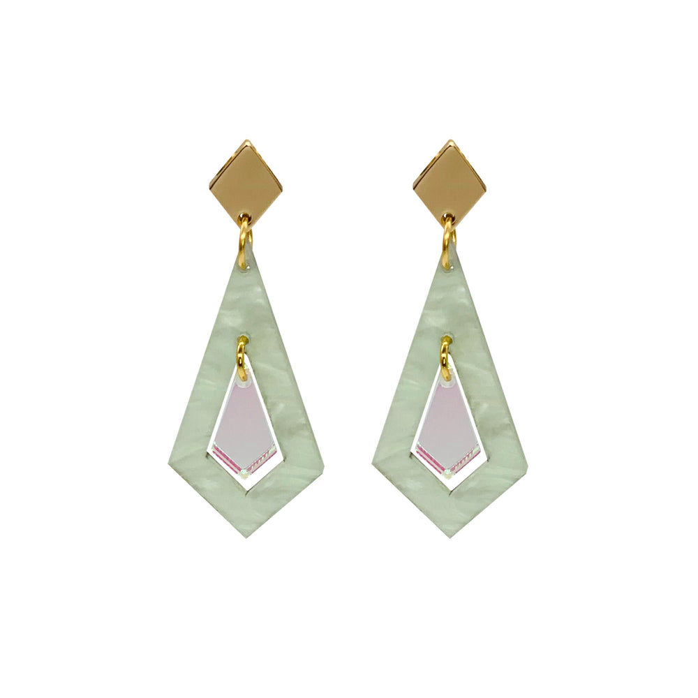 Art Deco Diamond Earrings - Light Green & Iridescent