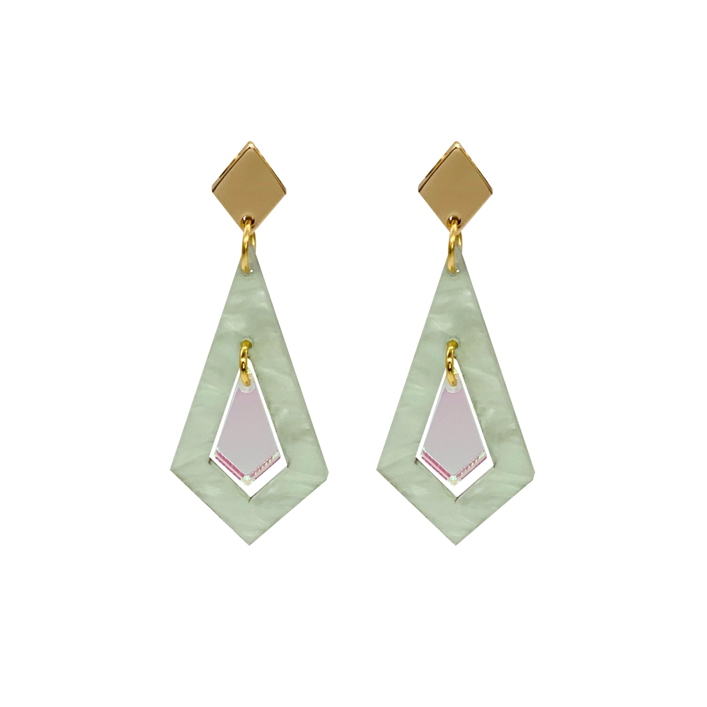 Art Deco Diamond Earrings - Light Green & Iridescent