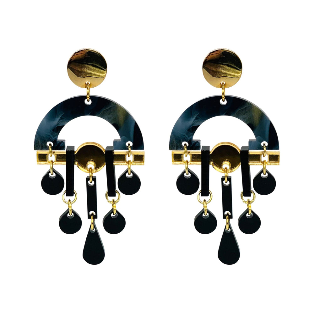 Fan Chandelier Earrings - Black Swirl & Gold