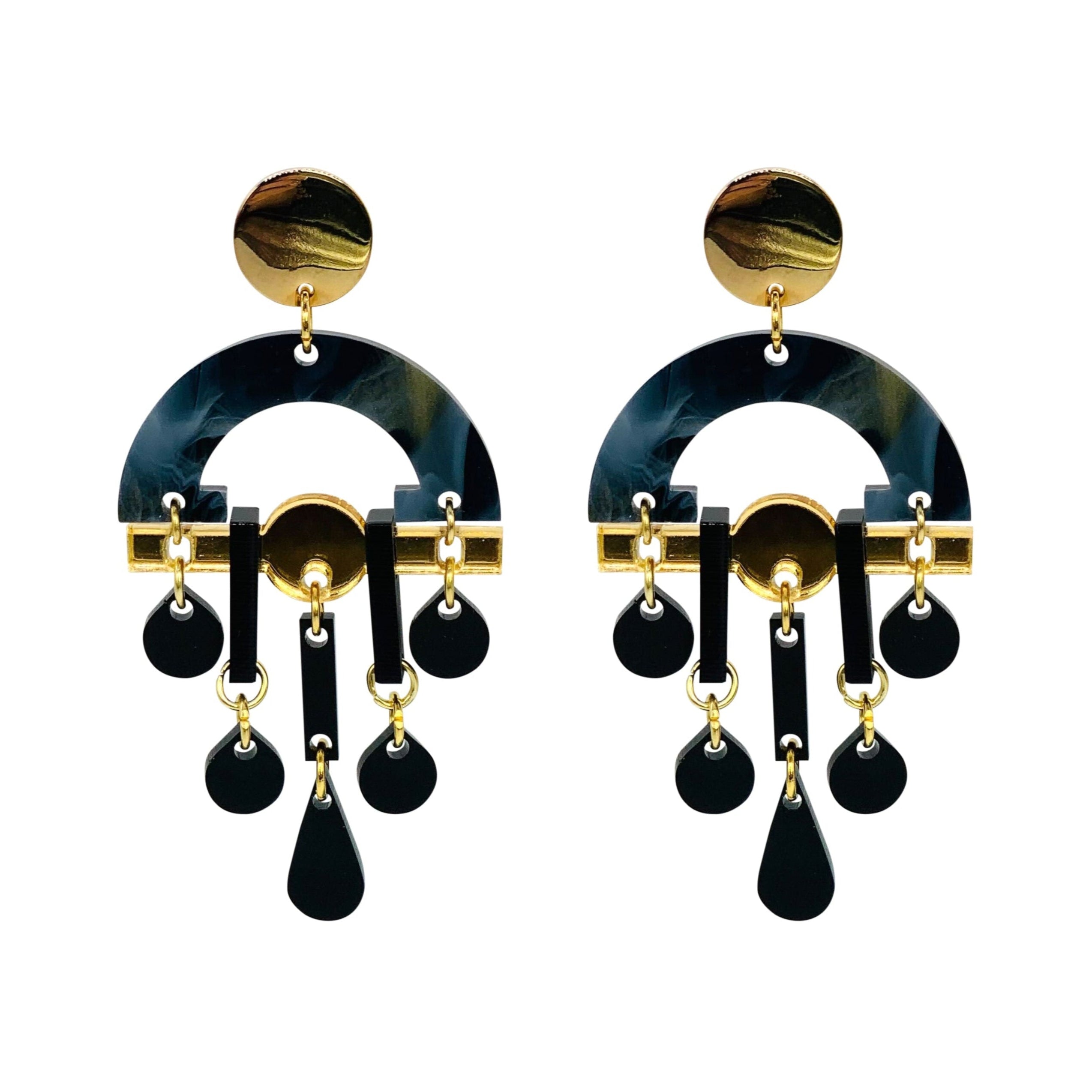 Fan Chandelier Earrings - Black Swirl & Gold