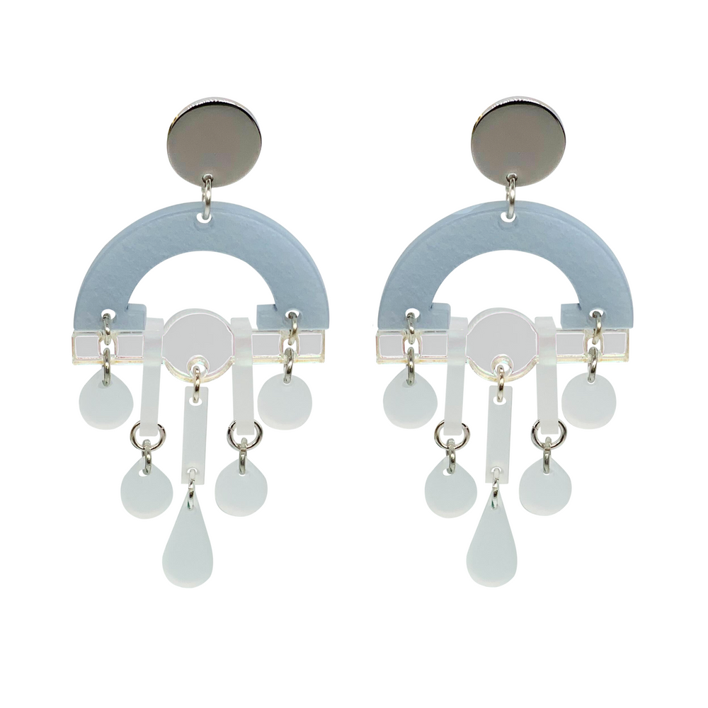 Fan Chandelier Earrings - Light Blue Pearl & White Frost
