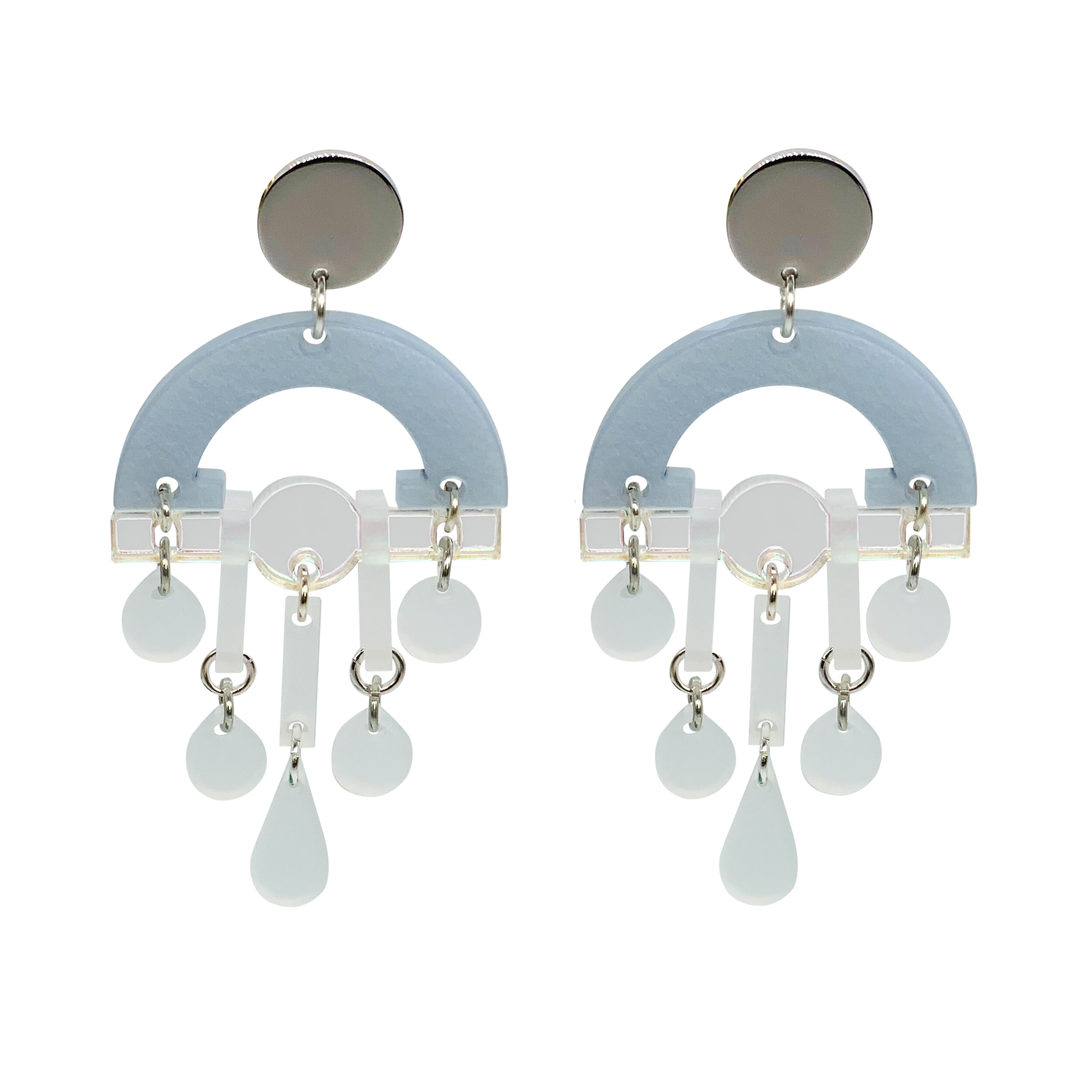 Fan Chandelier Earrings - Light Blue Pearl & White Frost