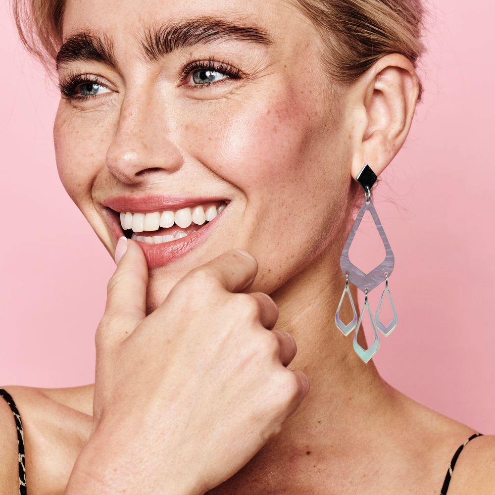 Feather Drop Earrings - Mauve Pearl & Iridescent