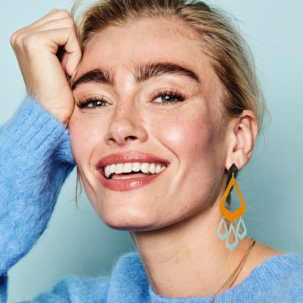 Feather Drop Earrings - Orange Pearl & Light Blue