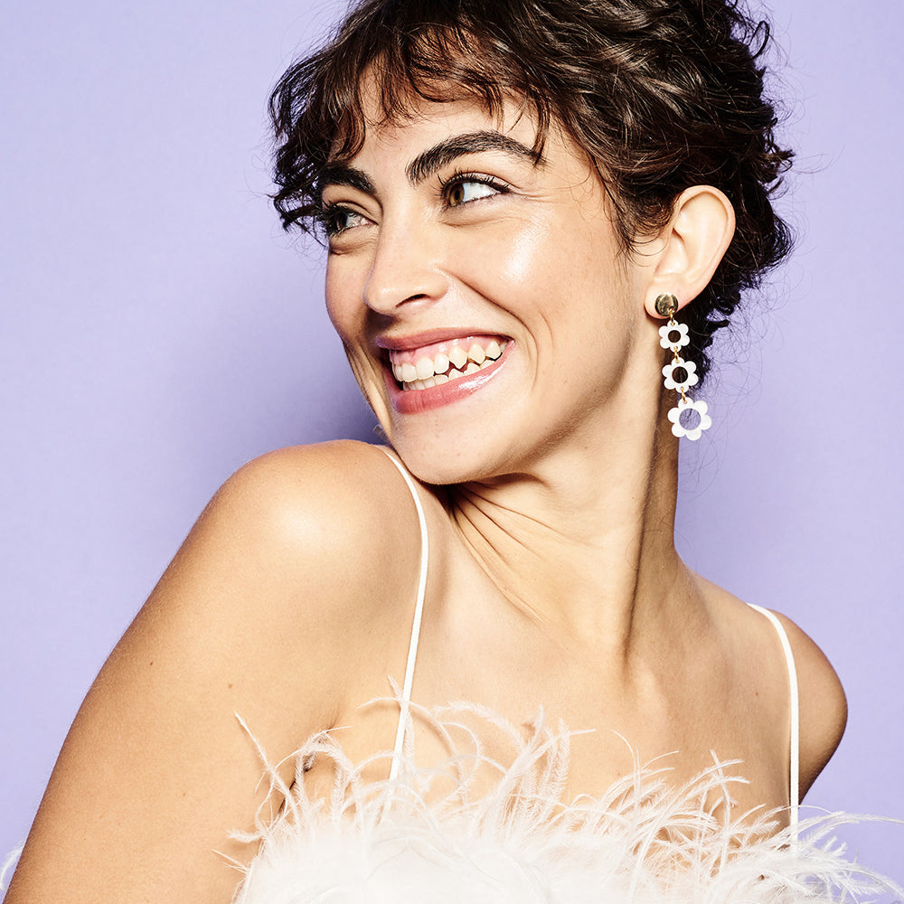 Flower Drop Earrings - White