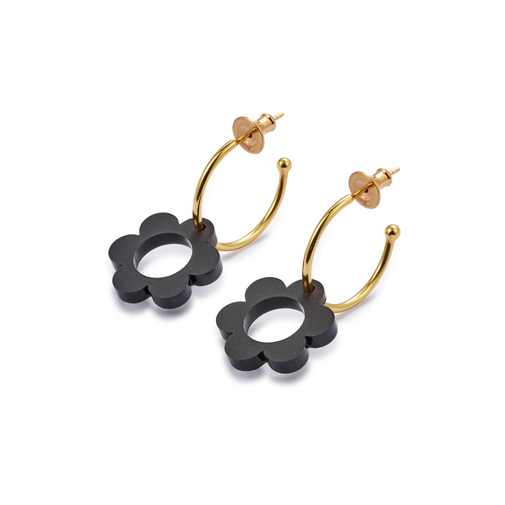 Charming Flower Hoop Earrings - Black & Gold Vermeil