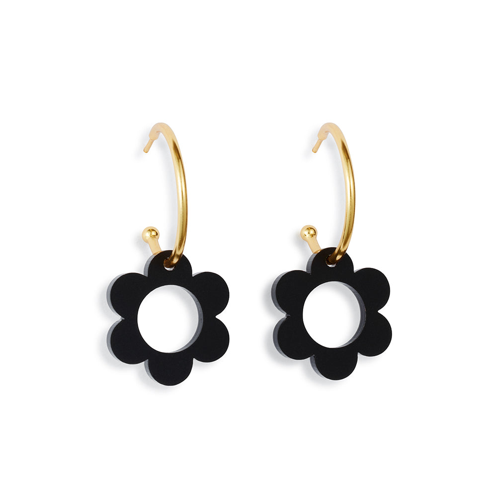 Charming Flower Hoop Earrings - Black & Gold Vermeil