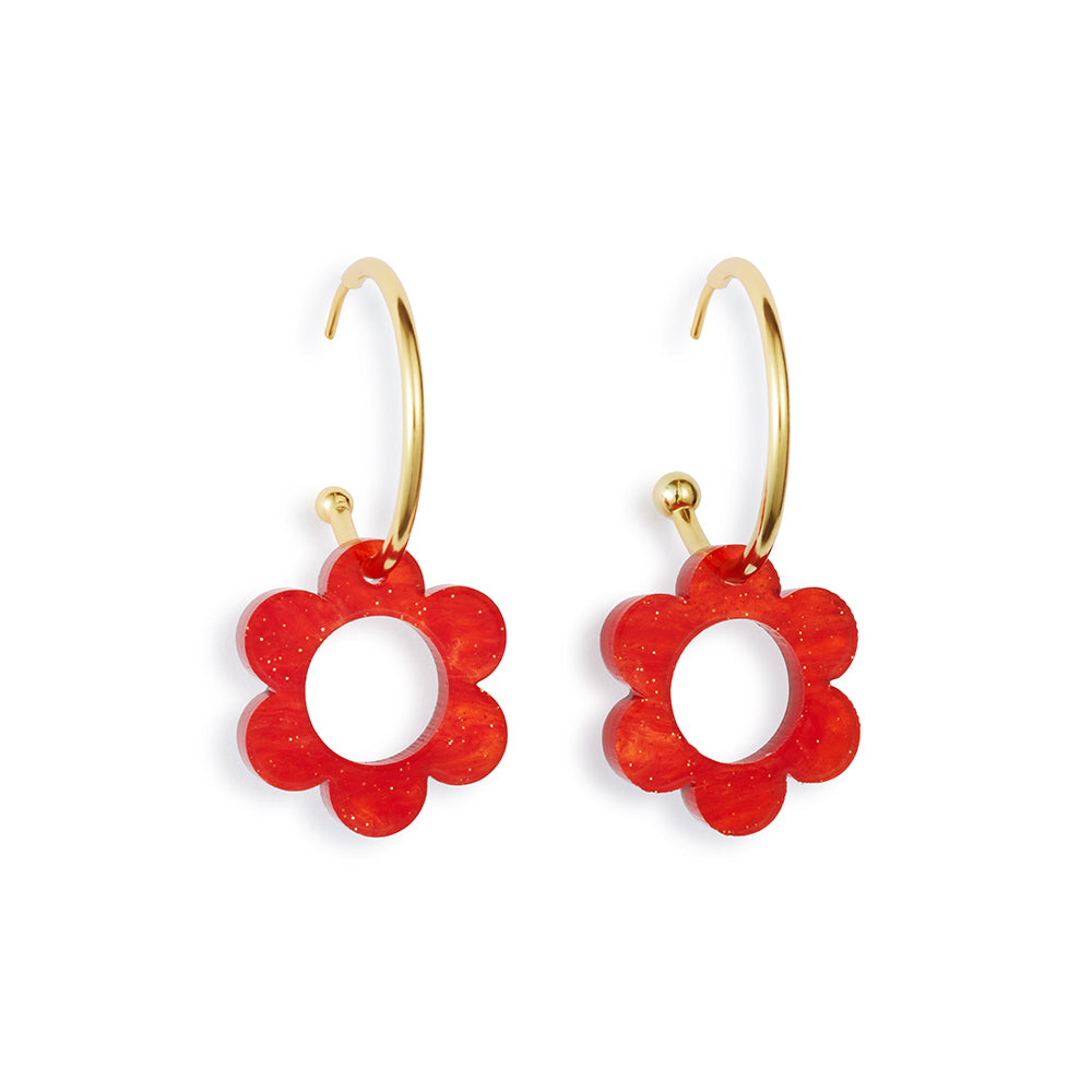 Charming Flower Hoop Earrings - Sienna Red & Gold Vermeil