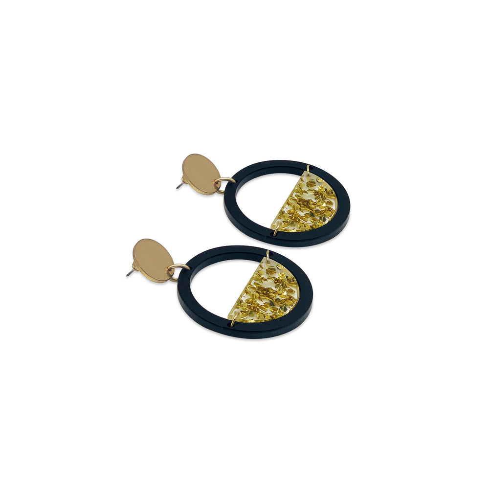 Glitter Globe Earrings - Black Gloss & Gold Fleck