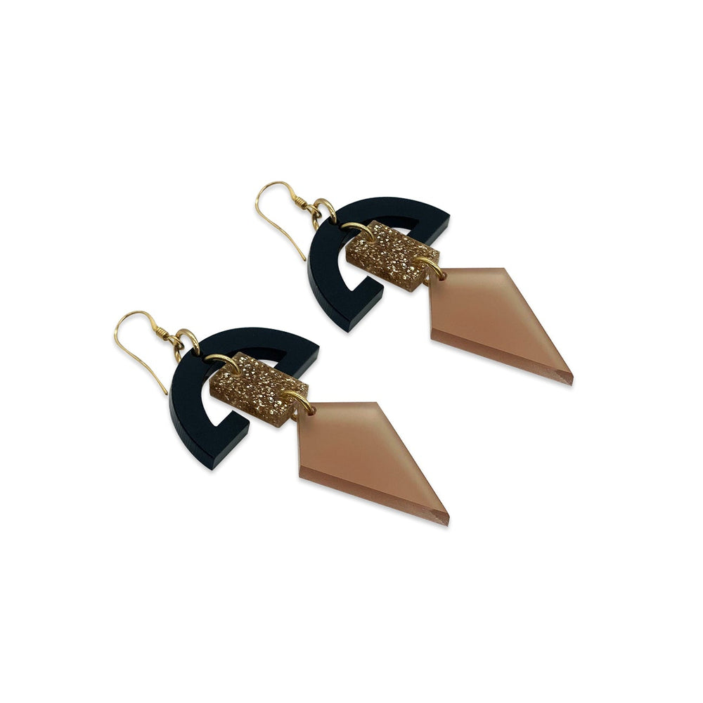 Half Moon Drop Earrings - Black, Gold Glitter & Champagne