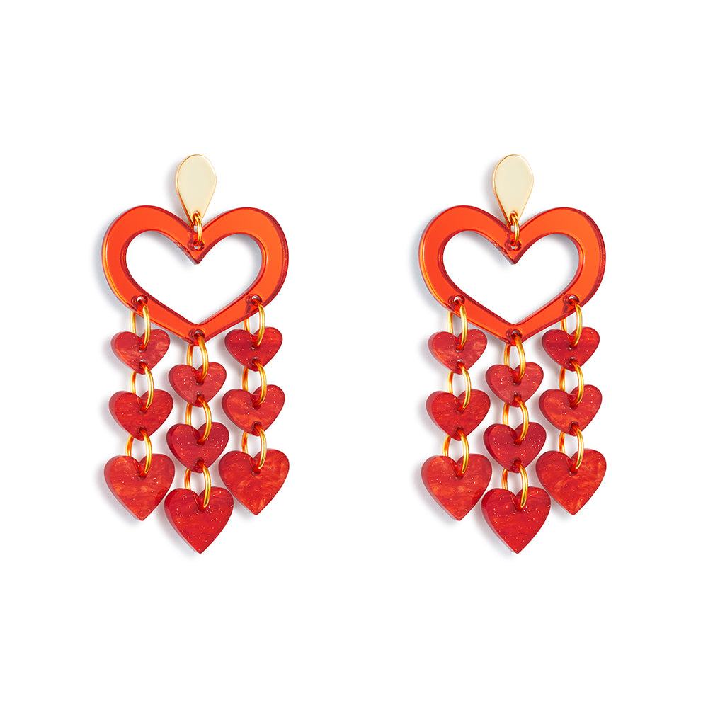 Heart Chandelier Earrings - Sienna Red