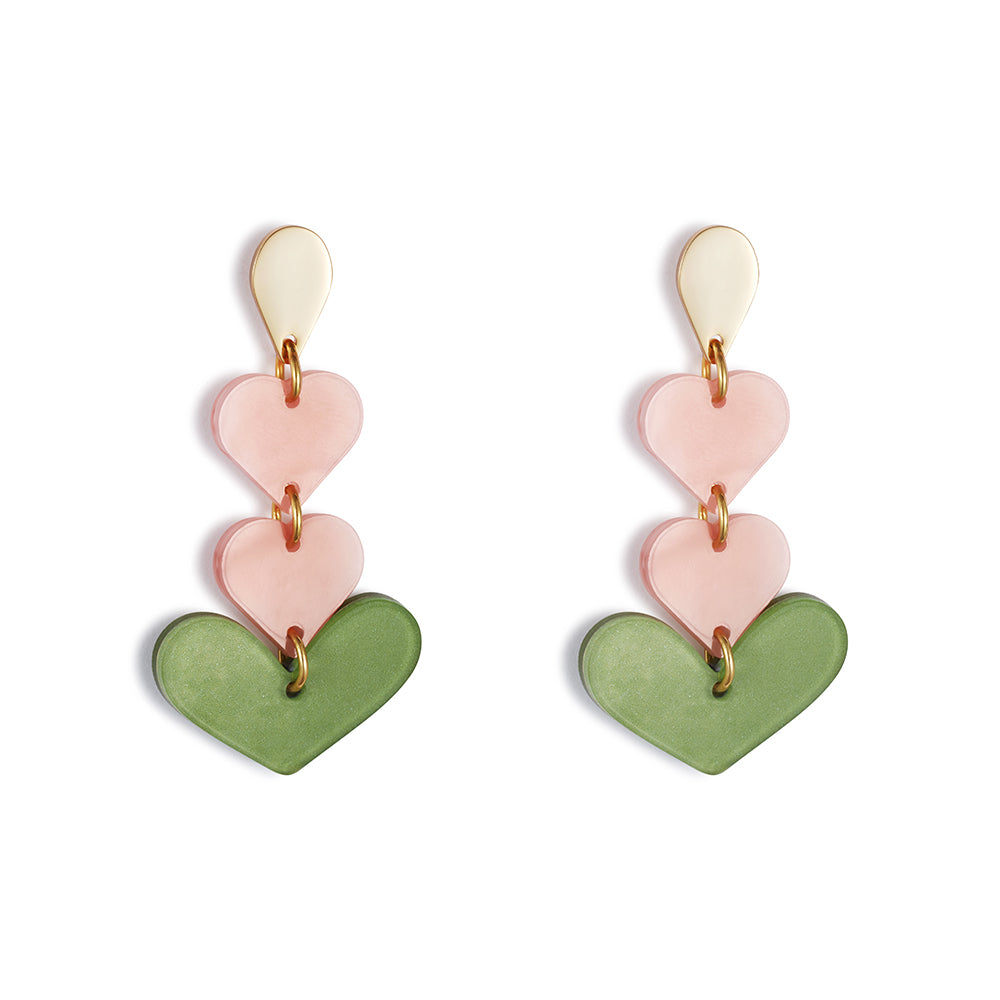 Heart Drop Earrings - Pink and Jade Green