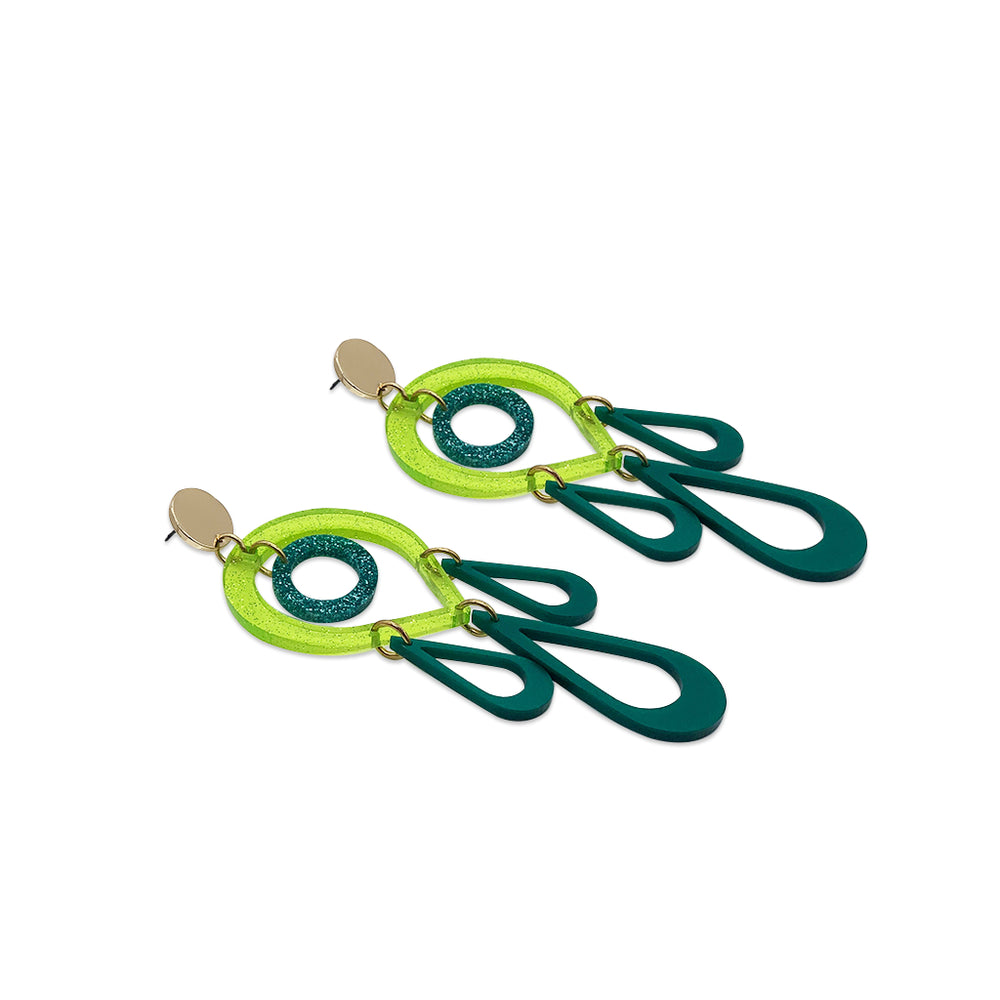 Large Peacock Earrings - Transparent Green Glitter & Royal Green