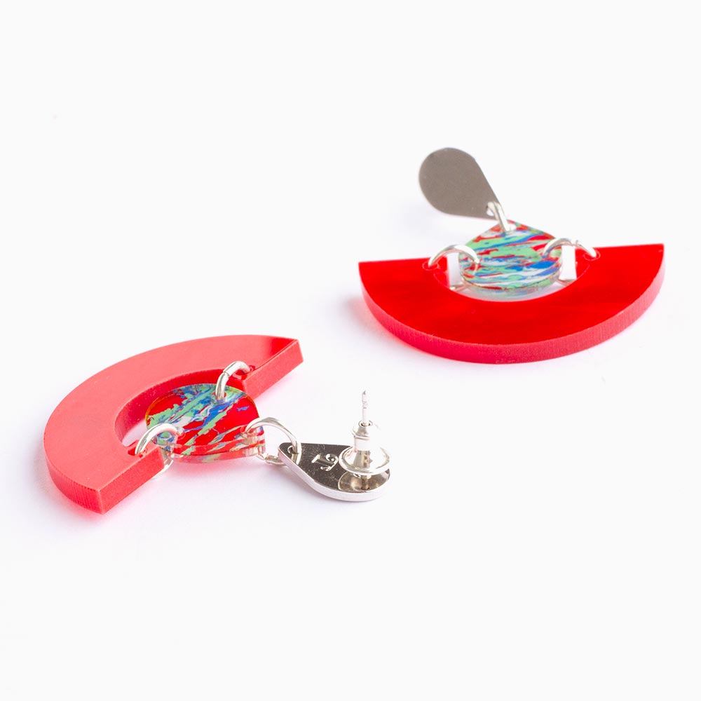 Mini Fans Earrings - Red Pearl & Red Splatter