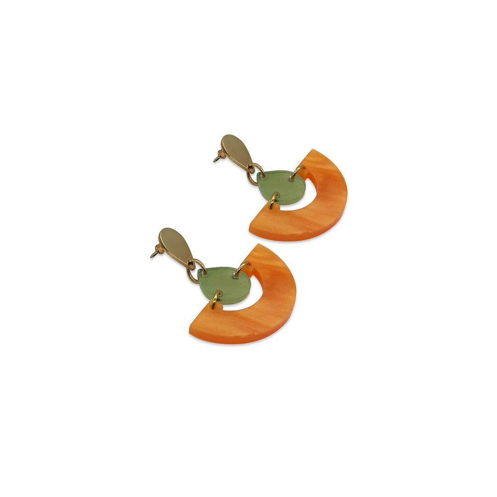 Mini Fans Earrings - Orange Pearl & Jade Stone
