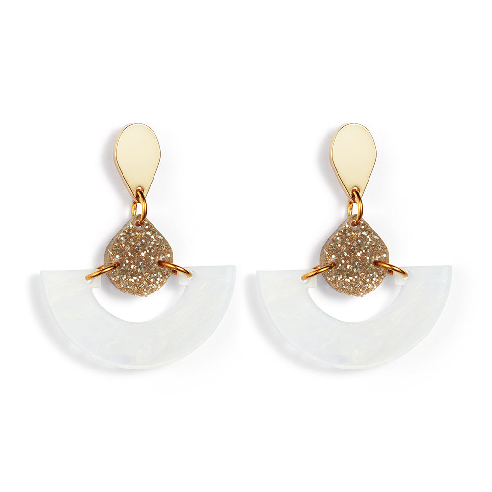 Mini Fans Earrings - White & Gold Glitter