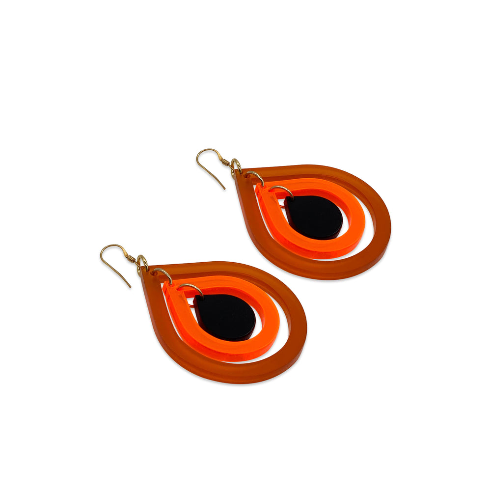 Peacock Earrings - Burnt Orange, Neon Orange & Black