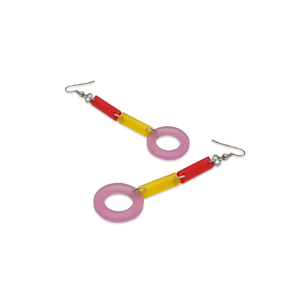 Pop Art Drop Earrings - Red, Yellow & Heather