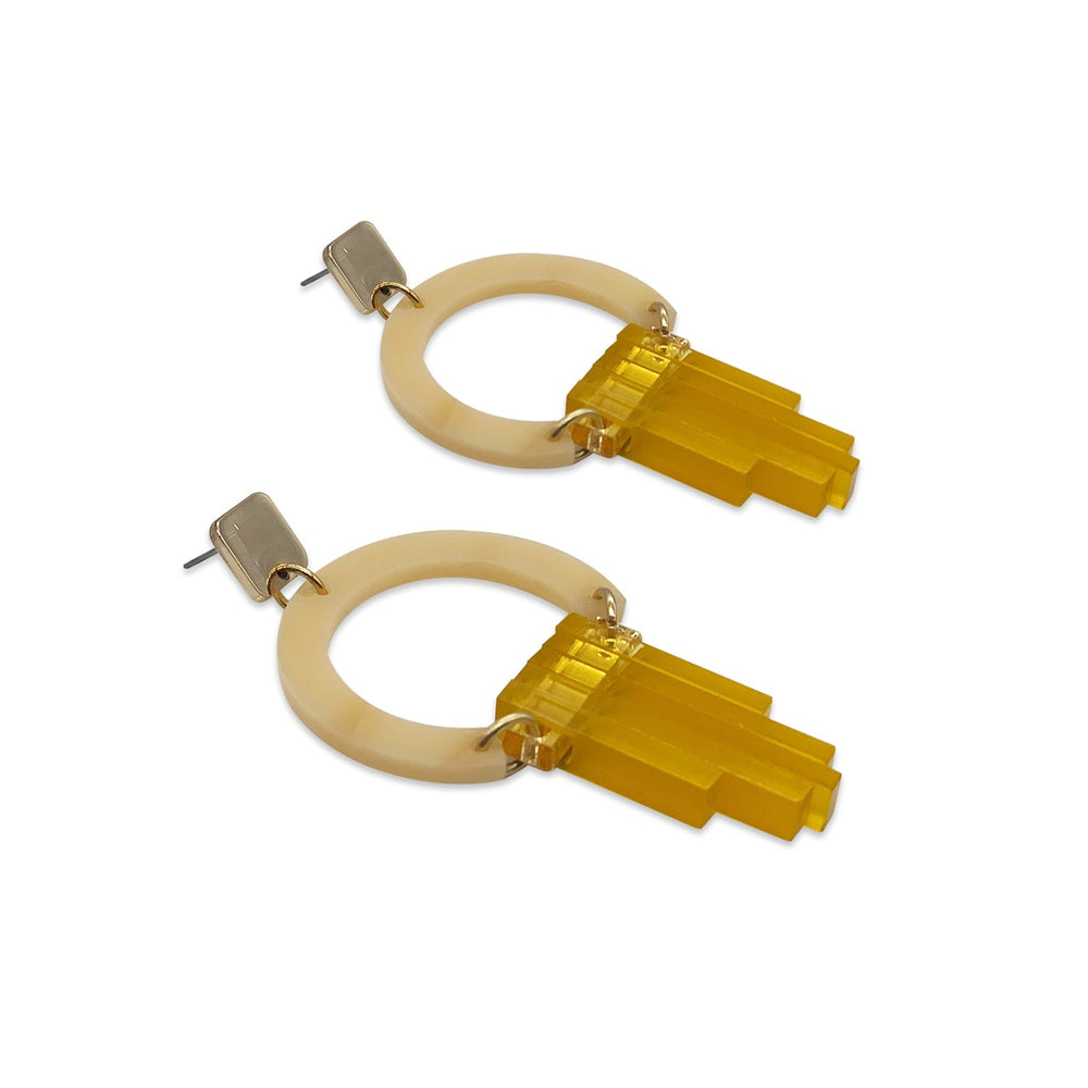 Art Deco Chandelier Earrings - Caramel Marble, Gold Mirror & Saffron