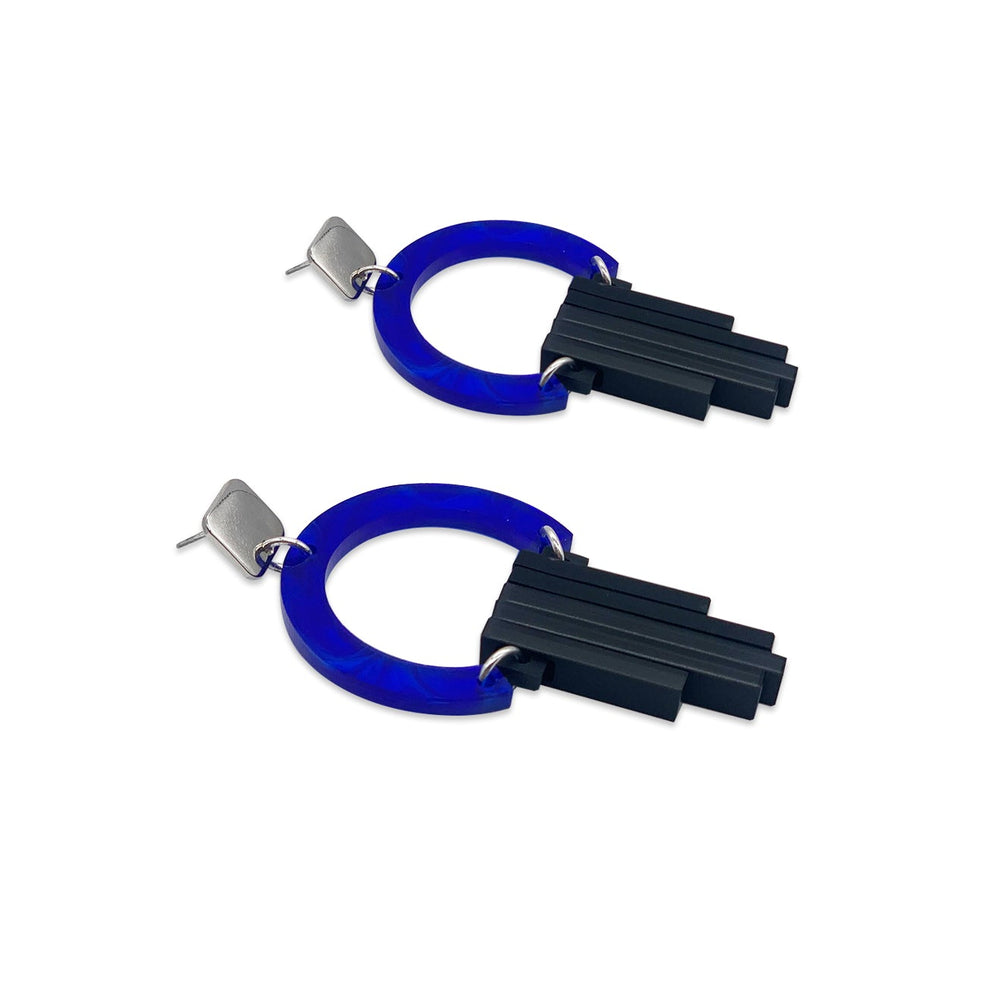 Art Deco Chandelier Earrings - Royal Blue Swirl & Midnight Black