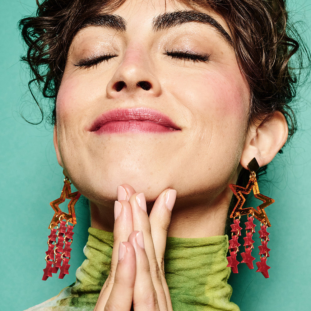 Star Chandelier Earrings - Orange Glitter & Cerise