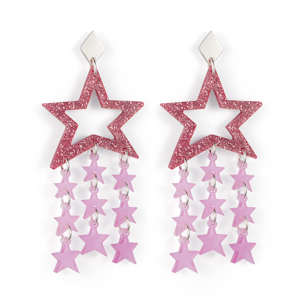 Star Chandelier Earrings - Hot Pink Glitter & Pink