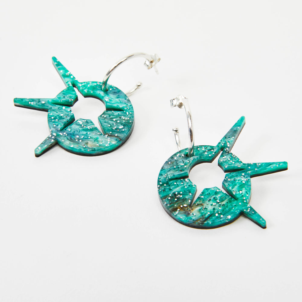 Starburst Hoop Earrings - Green Sparkle