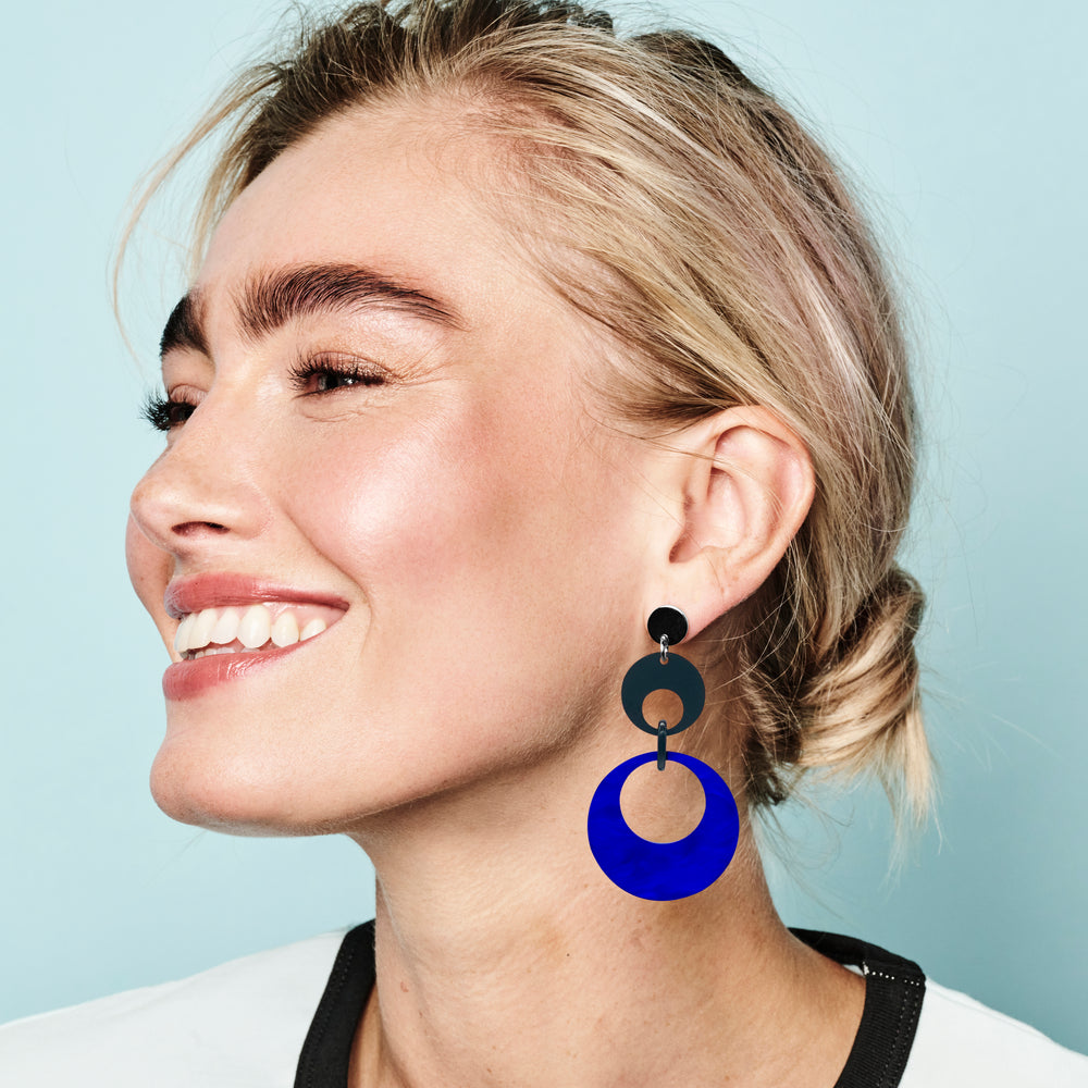 Swinging Circle Drop Earrings - Royal Blue Swirl & Black