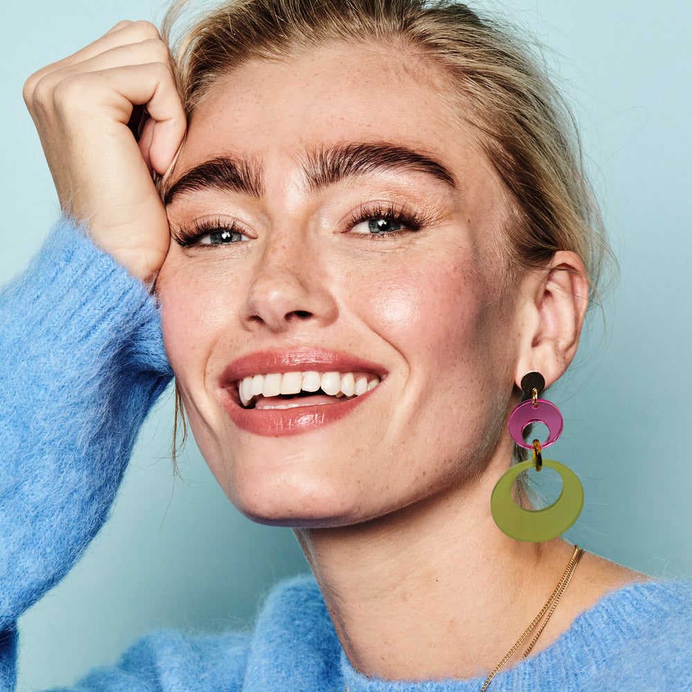 Swinging Circle Drop Earrings - Lime Zest Green & Pink Mirror