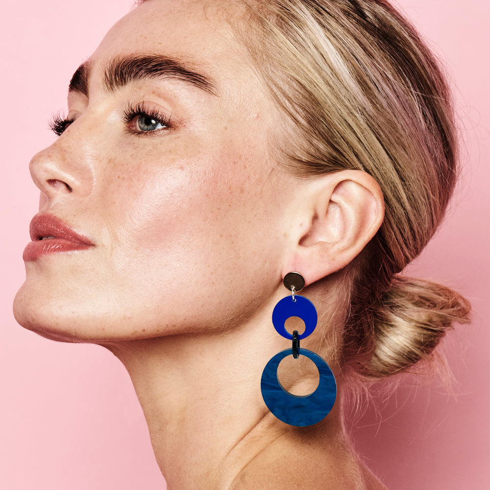 Swinging Circle Drop Earrings - Dark Blue Swirl & Sapphire